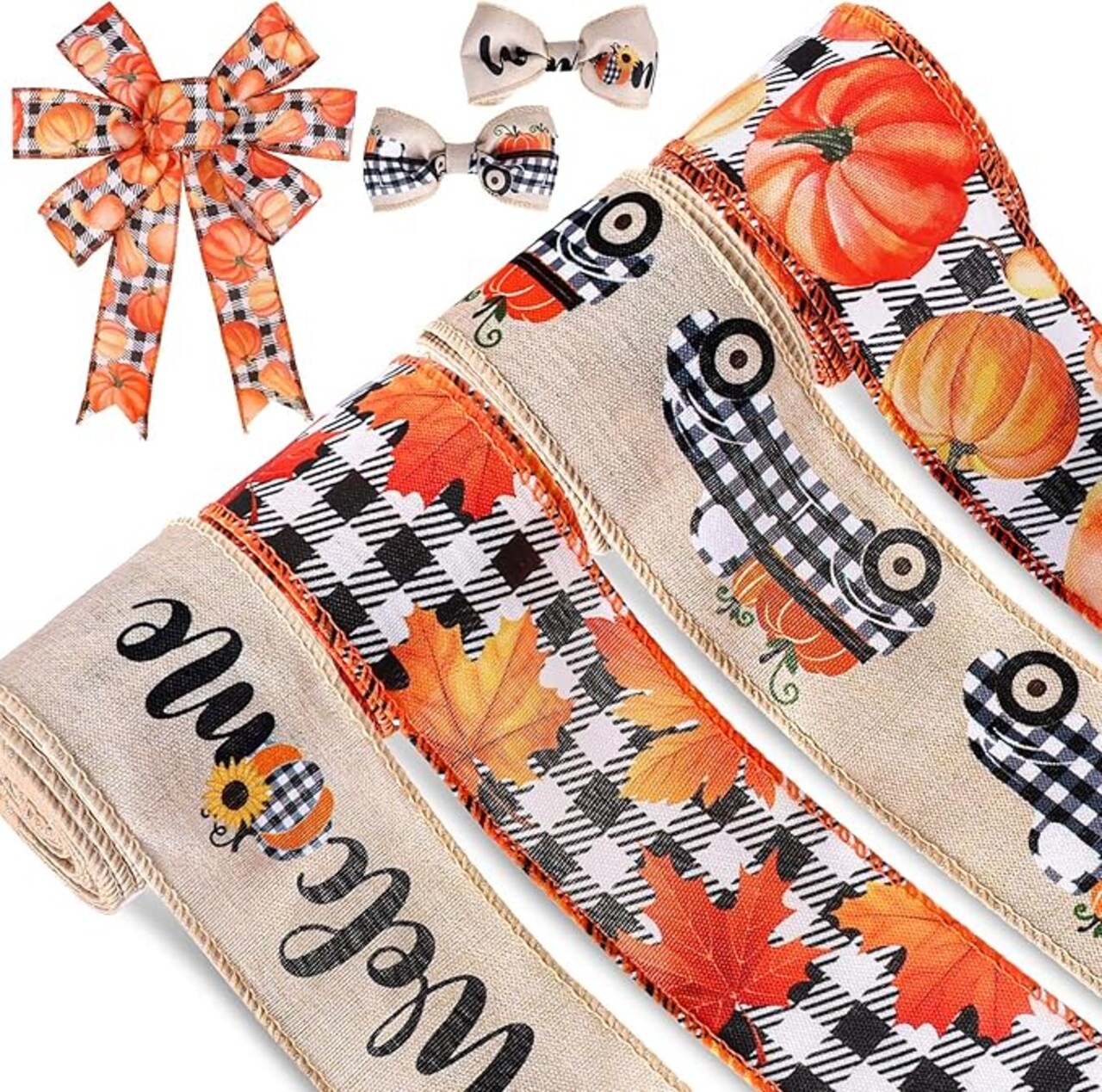 30 Yards Fall Thanksgiving Wired Edge Ribbon White Black Buffalo Plaids Ribbon Autumn Leaves Pumpkin Truck Craft Ribbon Rustic Vintage Farmhouse Wrapping Ribbon for Wreath Floral Bow, 4 Rolls.